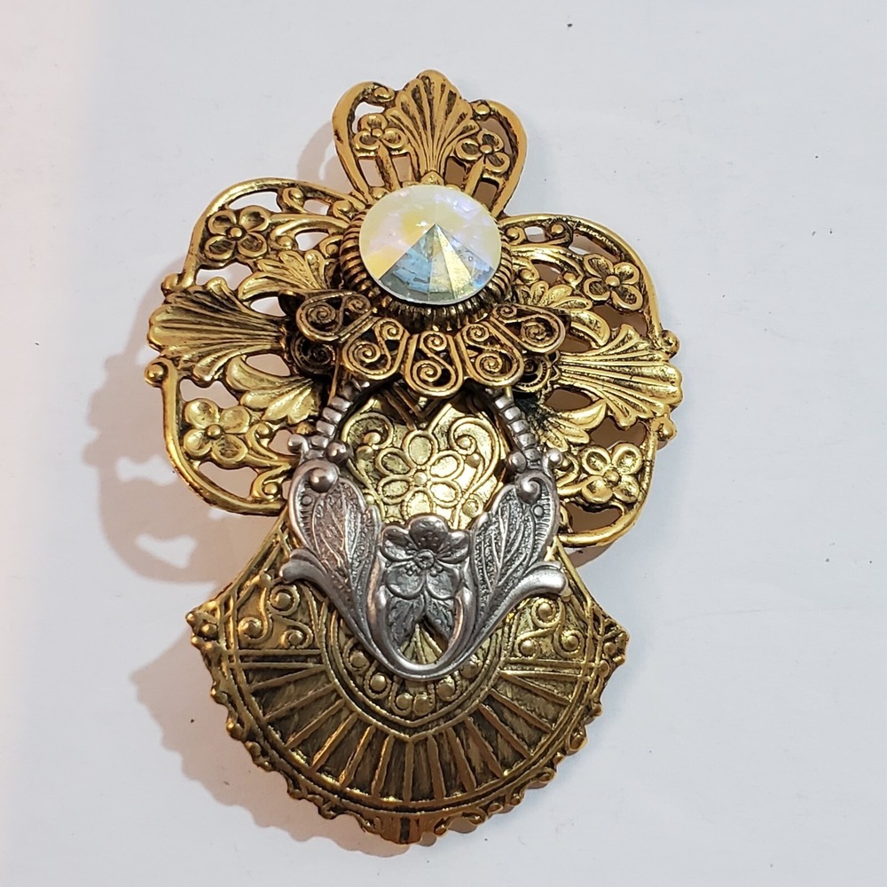 Vintage 1997 Jane Davis Angel Of Love Rhinestone Cut Out Mixed Metals Brooch Pin